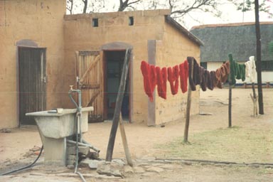Odi Village, June 1995: Skeins of brightly colored wool dry in the yard of the Odi Weavers' workshop. The wool itself is imported from South Africa; for Botswana, a hot, desert country, is not suited for raising sheep. Once the raw wool arrives, the weavers wash, dye and then spin it into loops using hand cranked, wooden spinners. Photo by Returned Peace Corps Volunteer Susan Ross.